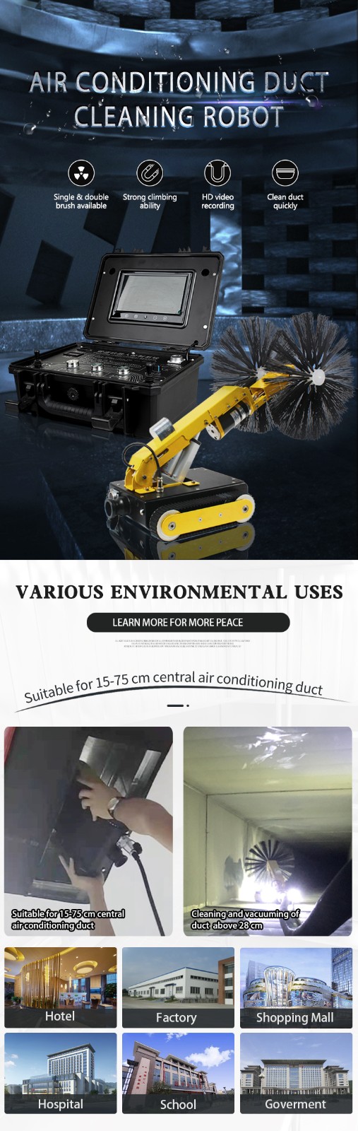 Q37 telescopic arm duct cleaning robot operating in 60cm commercial air conditioning pipe with triple cameras and HEPA vacuum