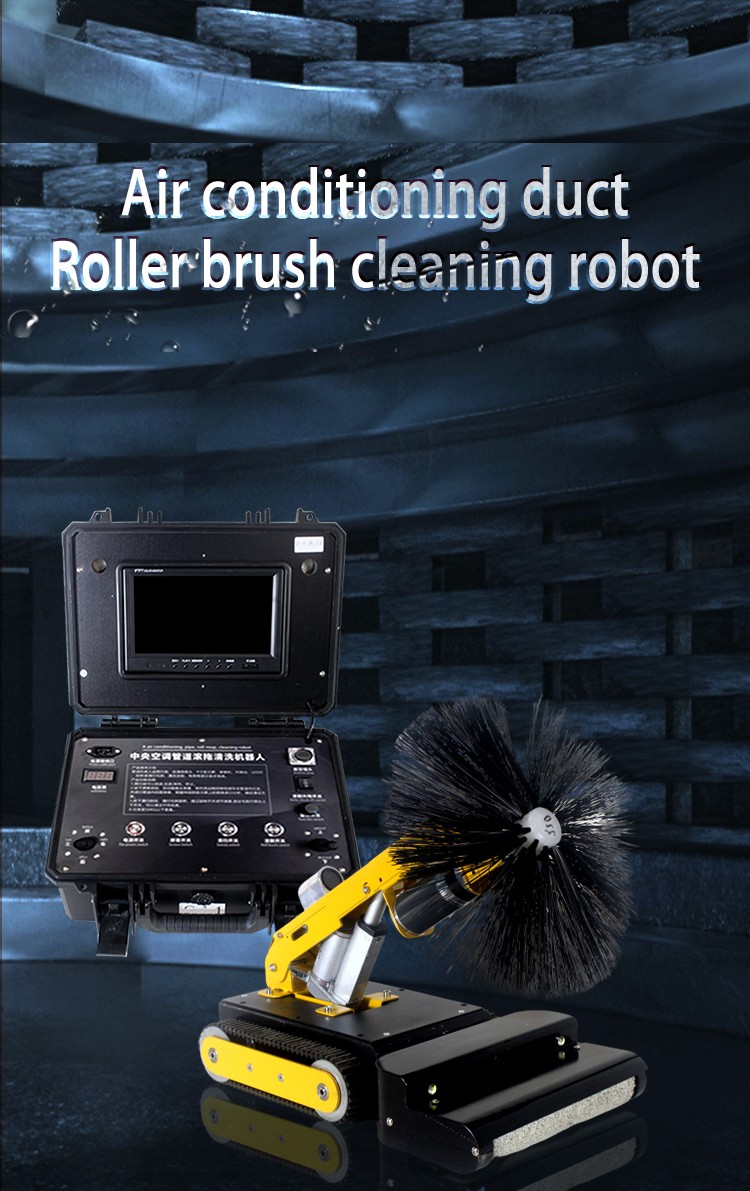Q40 robotic duct cleaner with telescopic arm scrubbing HVAC pipes while connected to HEPA vacuum