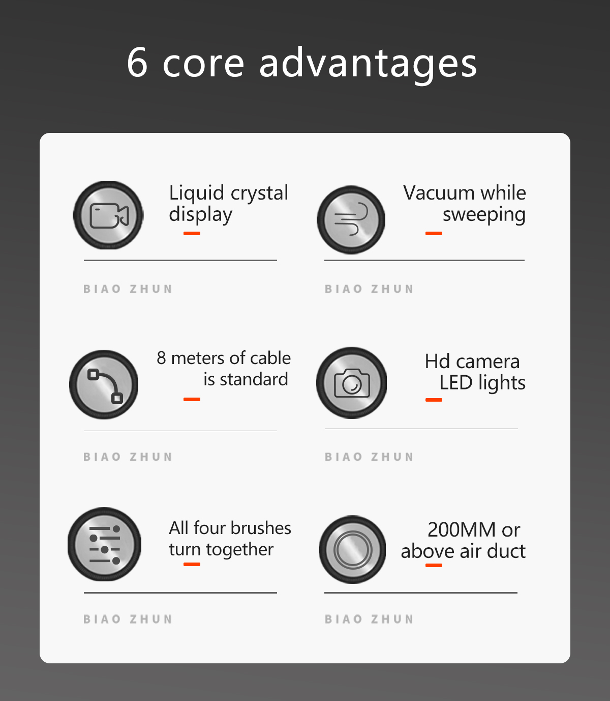 Q30 core features: LCD display, vacuum-while-sweeping, 8m cable, HD camera, 4-brush rotation, 200mm+ duct compatibility