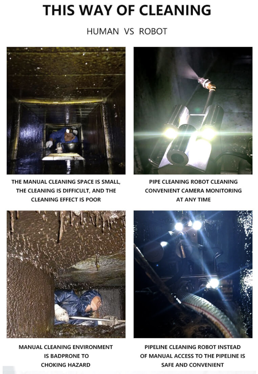 Cleaning way difference between kitchen grease duct robot and manual way.png