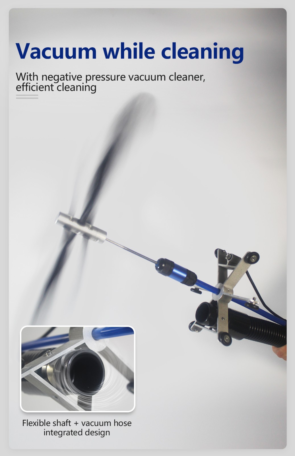Close-up of Q30's four rotating nylon brushes performing dead-end-free cleaning