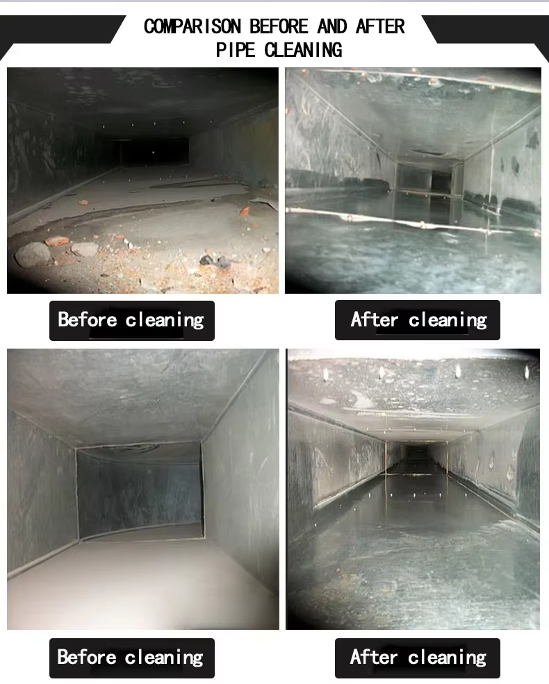 Side-by-side photos showing microbial growth removal in 40cm laboratory duct