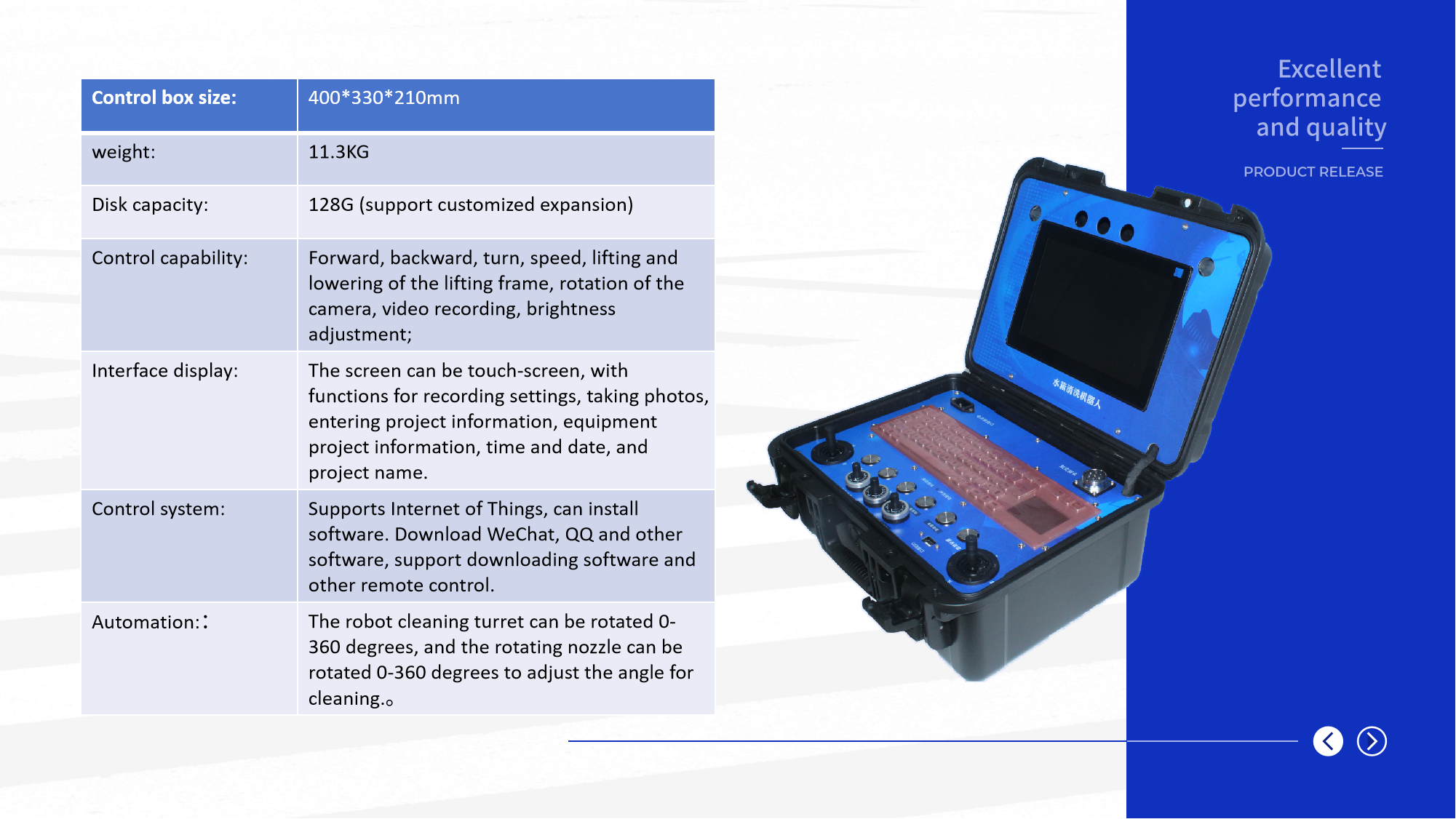 parameter of S6 tank cleaning robot:weight,voltage,camera,gradeability,track,speed,rotation,waterproof,nozzle,LED,pressure and integrated spray row.png